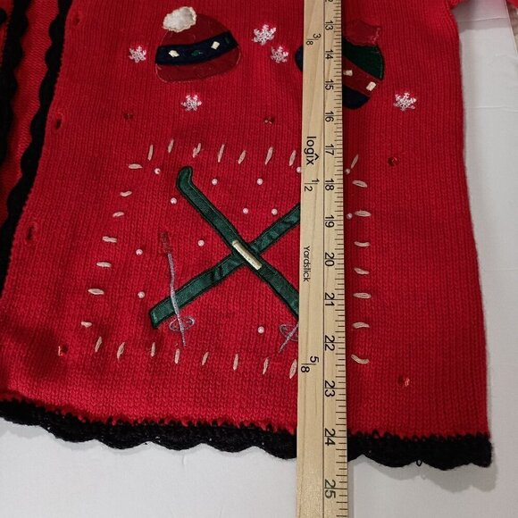 Ugly Christmas Cardigan Sweater Red & Black Crochet Trim Rami Cotton Blend Sz LG - Picture 5 of 11